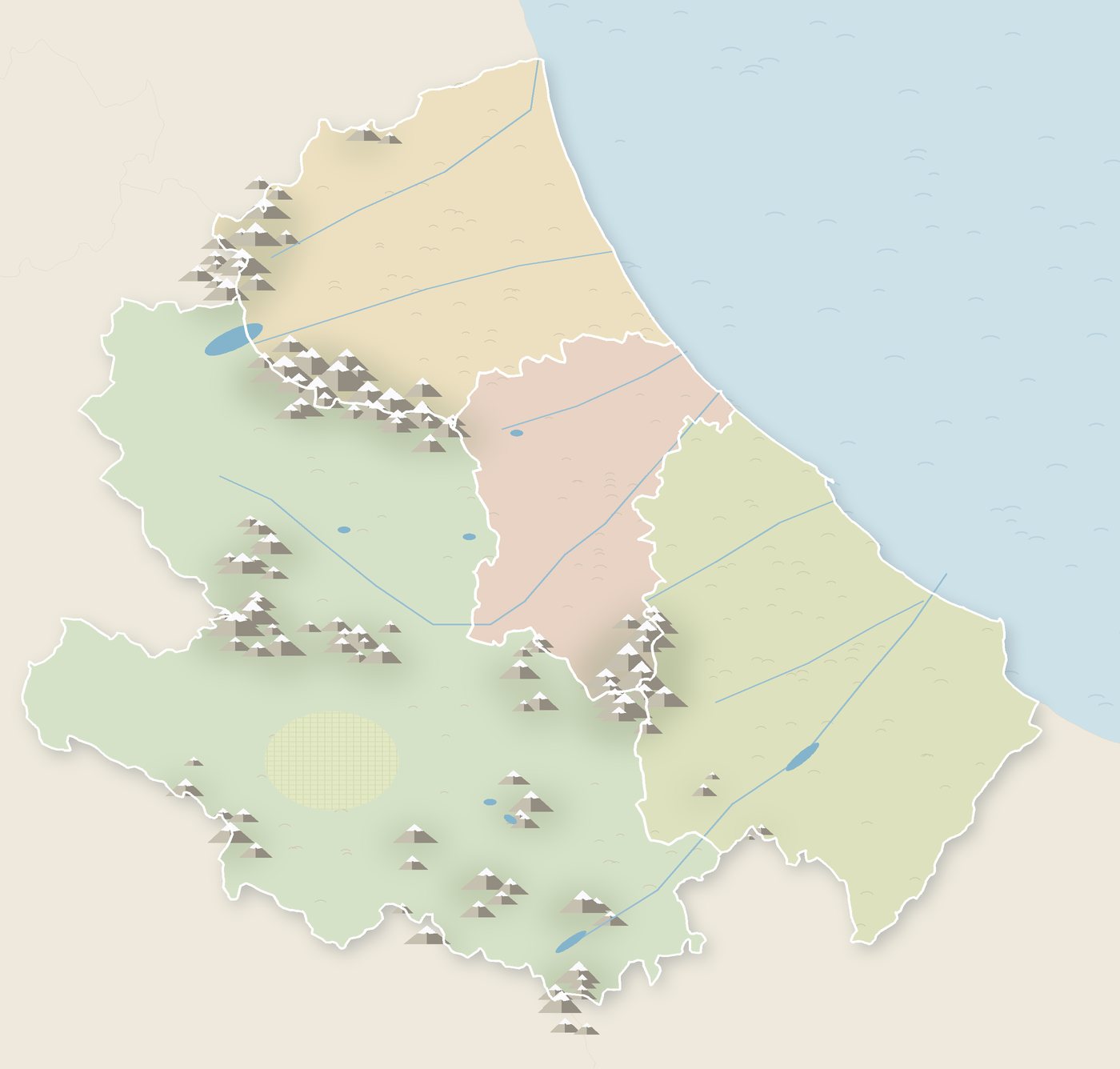 Mappa illustrata dell’Abruzzo con le quattro province, i massicci montuosi, i laghi e la costa adriatica